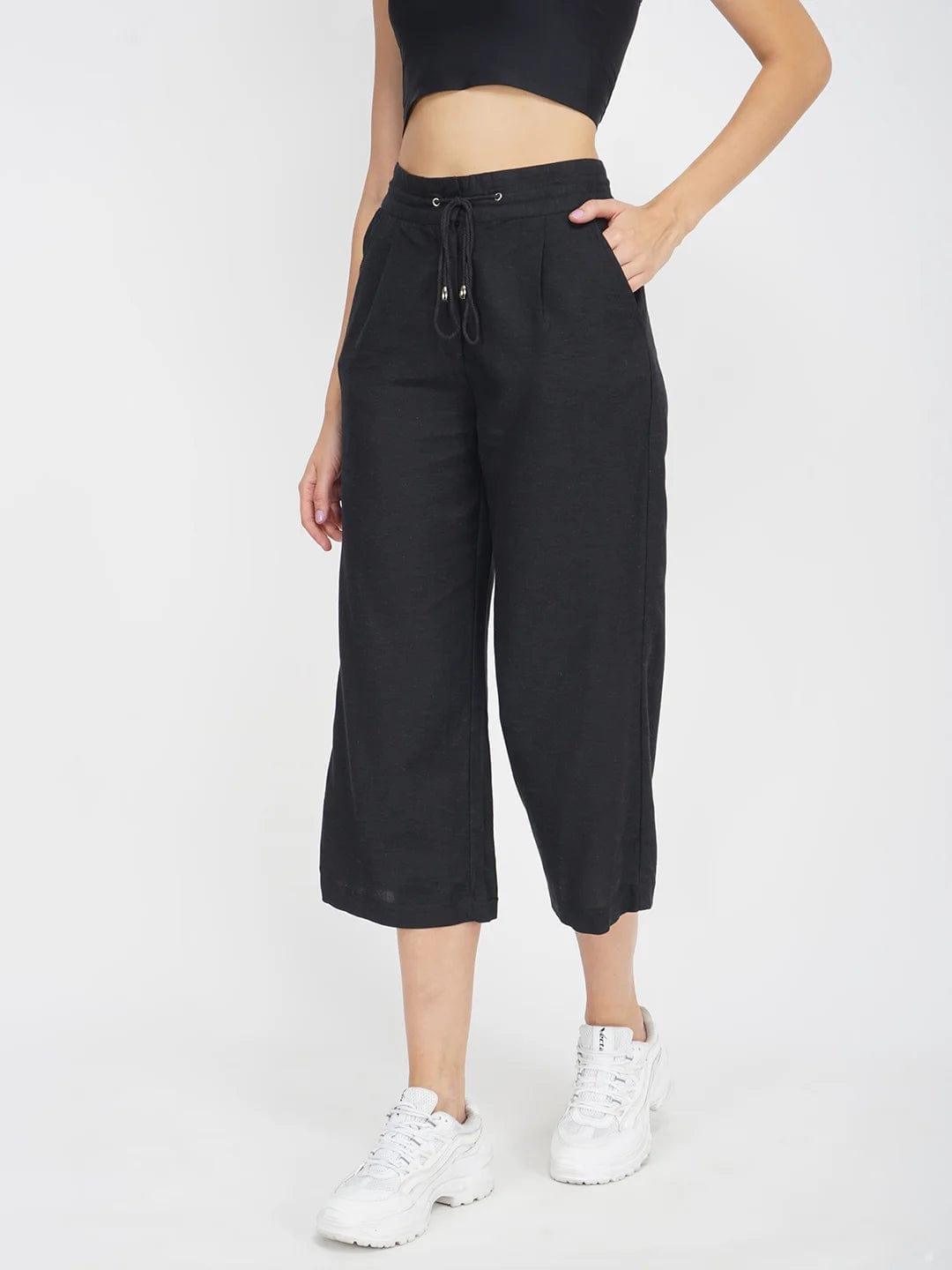 Solid Black Women’s Trouser Linen Blend Pant For Comfortable Fit