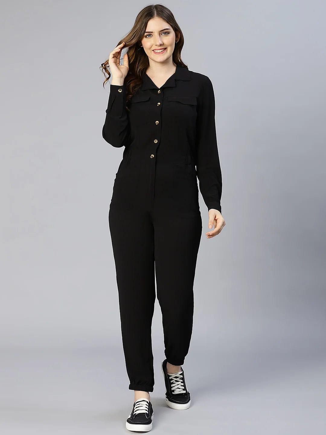 On Trend Black Button-Down Women Jumpsuit