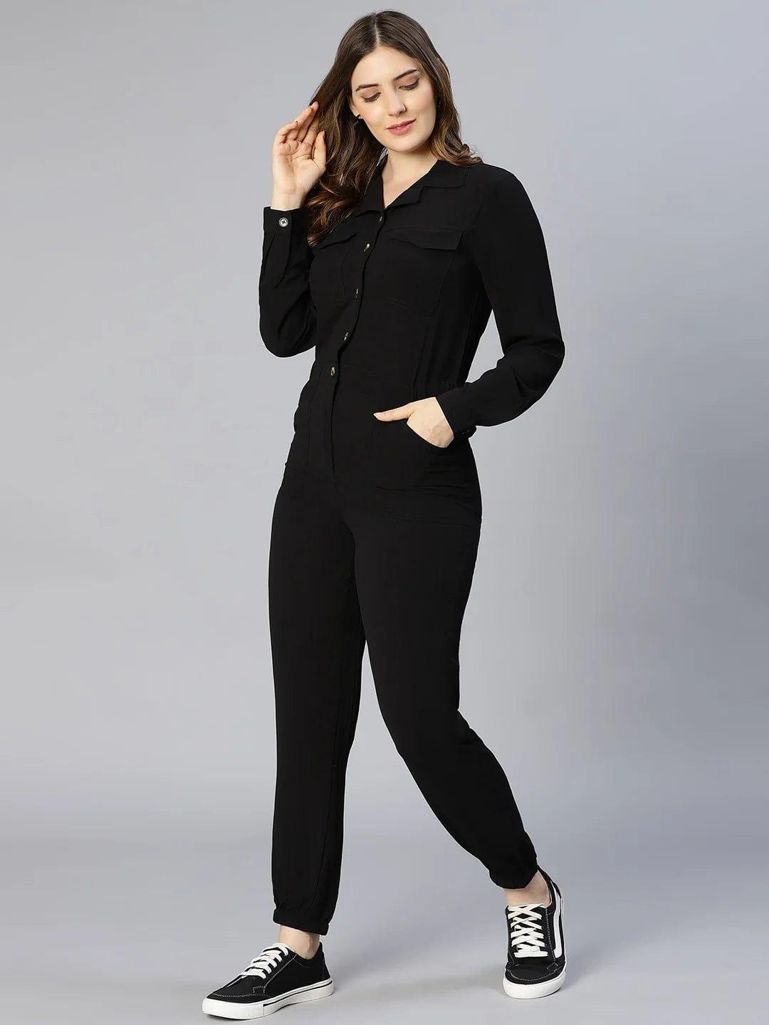 On Trend Black Button-Down Women Jumpsuit