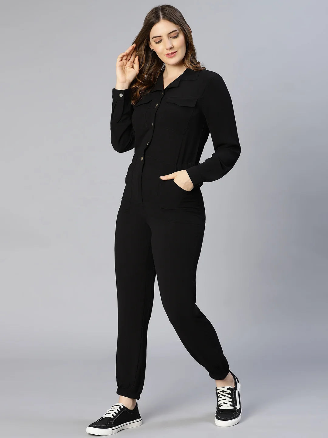 On Trend Black Button-Down Women Jumpsuit For You