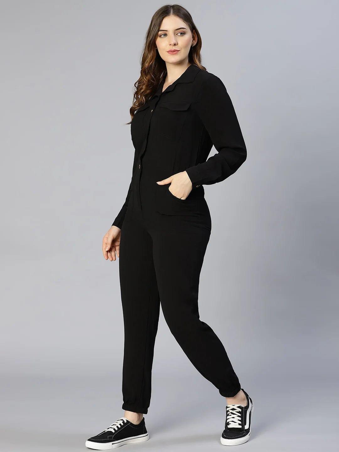 On Trend Black Button-Down Women Jumpsuit