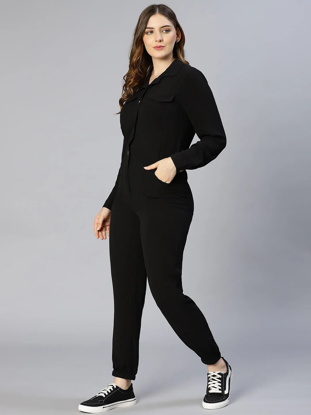 On Trend Black Button-Down Women Jumpsuit For You