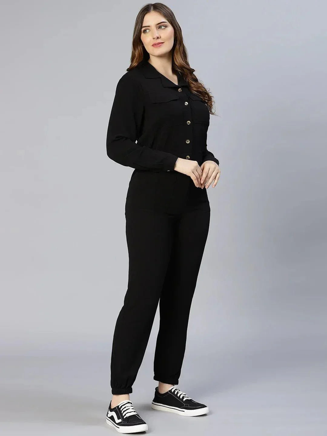 On Trend Black Button-Down Women Jumpsuit