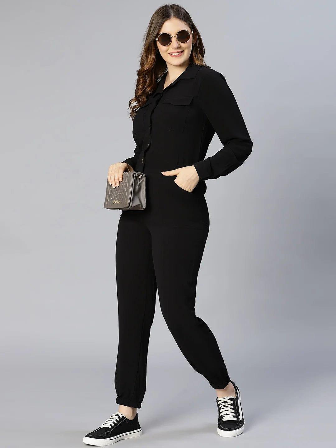 On Trend Black Button-Down Women Jumpsuit