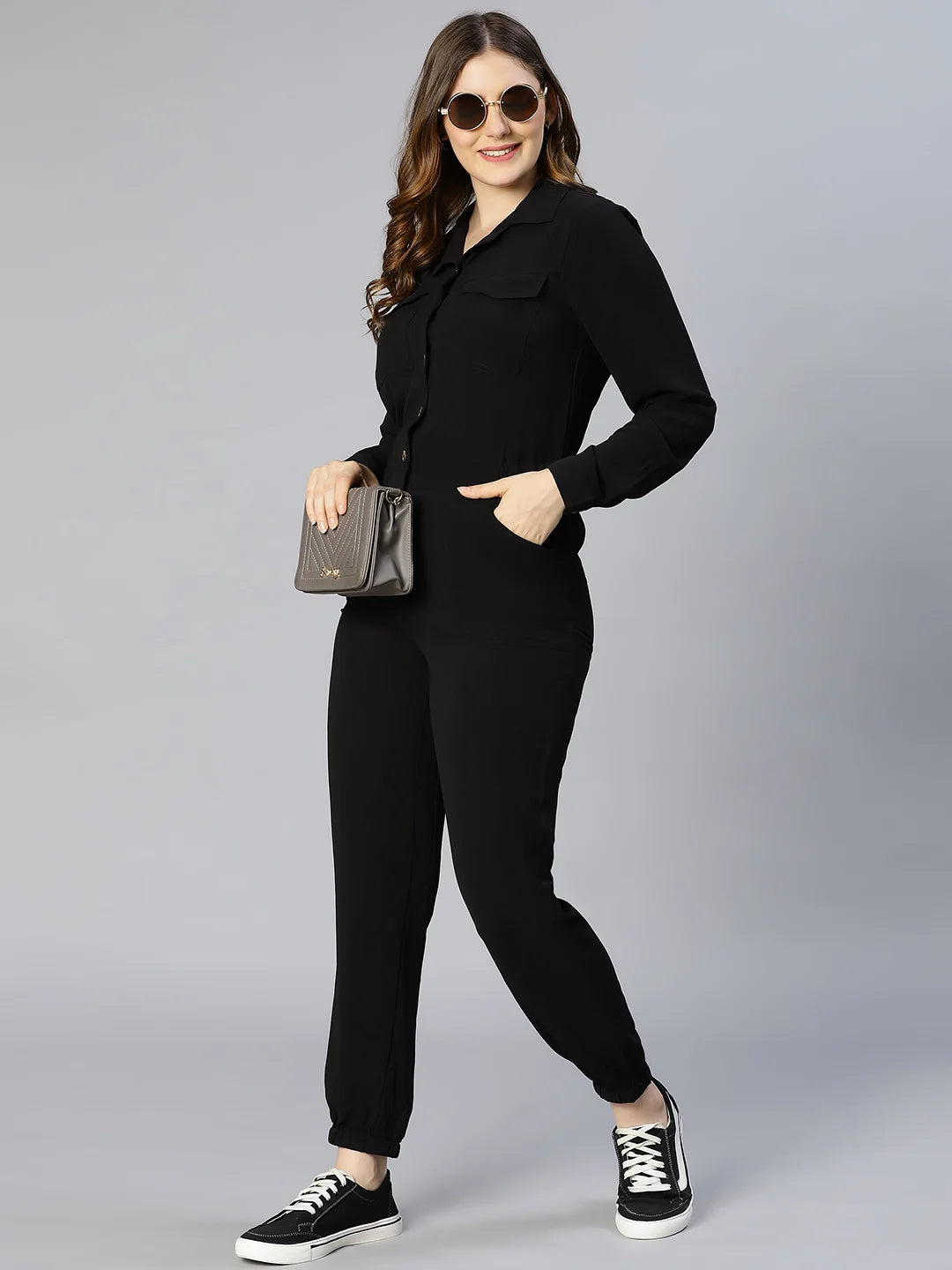 On Trend Black Button-Down Women Jumpsuit For You