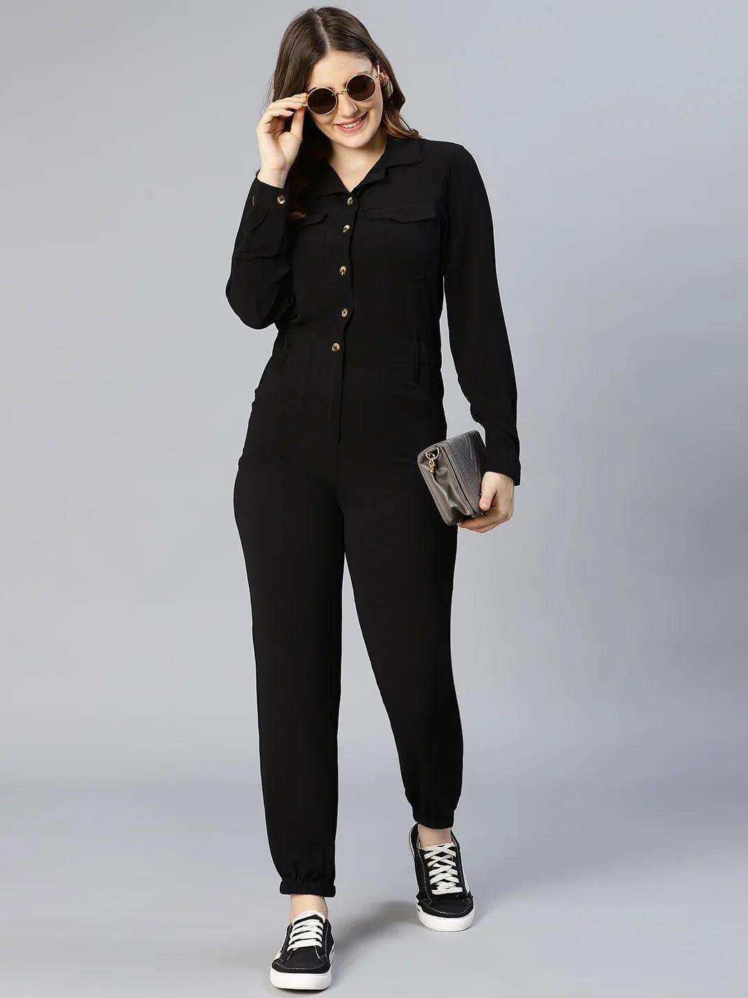 On Trend Black Button-Down Women Jumpsuit