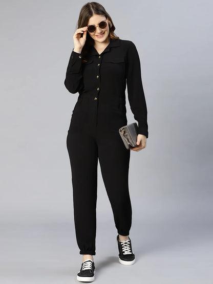 On Trend Black Button-Down Women Jumpsuit For You