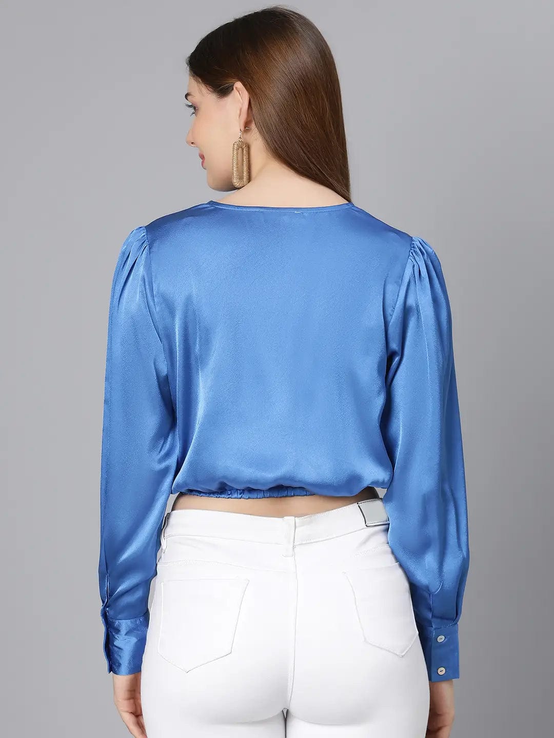 Party Wear Solid Blue Elasticated Women Partywear Satin Crop Top