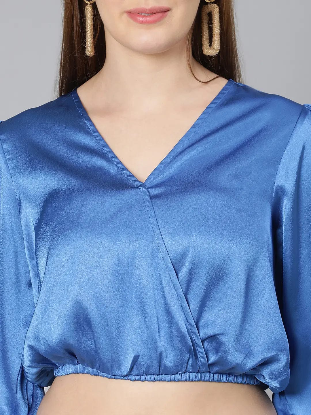 Party Wear Solid Blue Elasticated Women Partywear Satin Crop Top