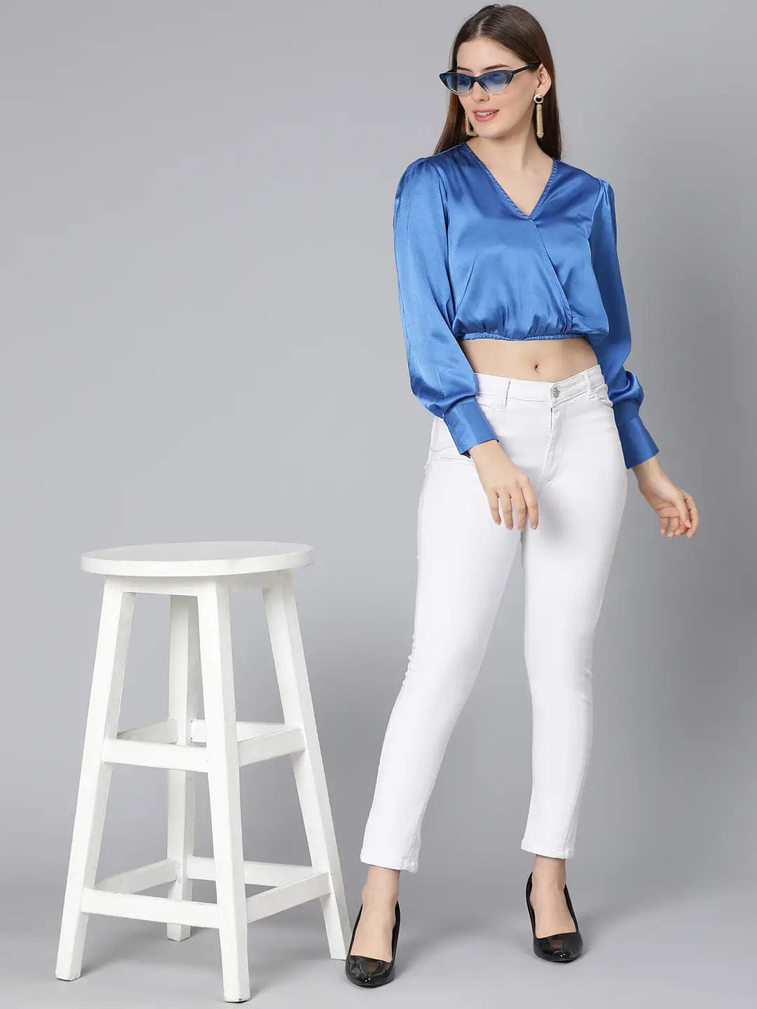 Party Wear Solid Blue Elasticated Women Partywear Satin Crop Top