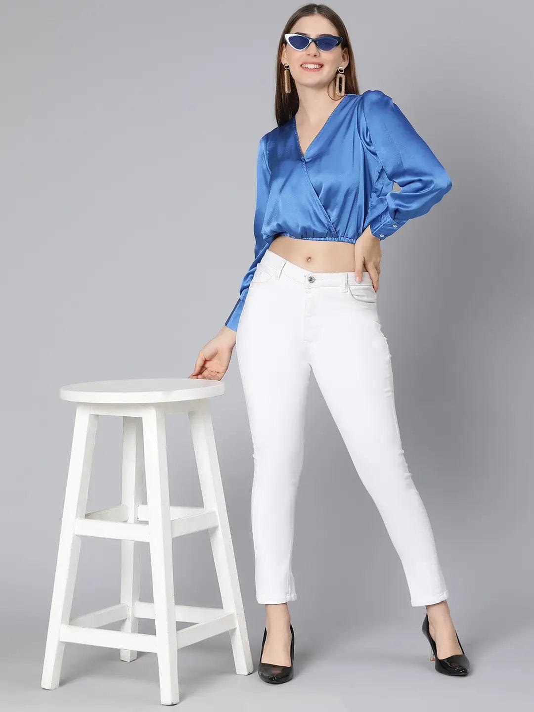 Party Wear Solid Blue Elasticated Women Partywear Satin Crop Top