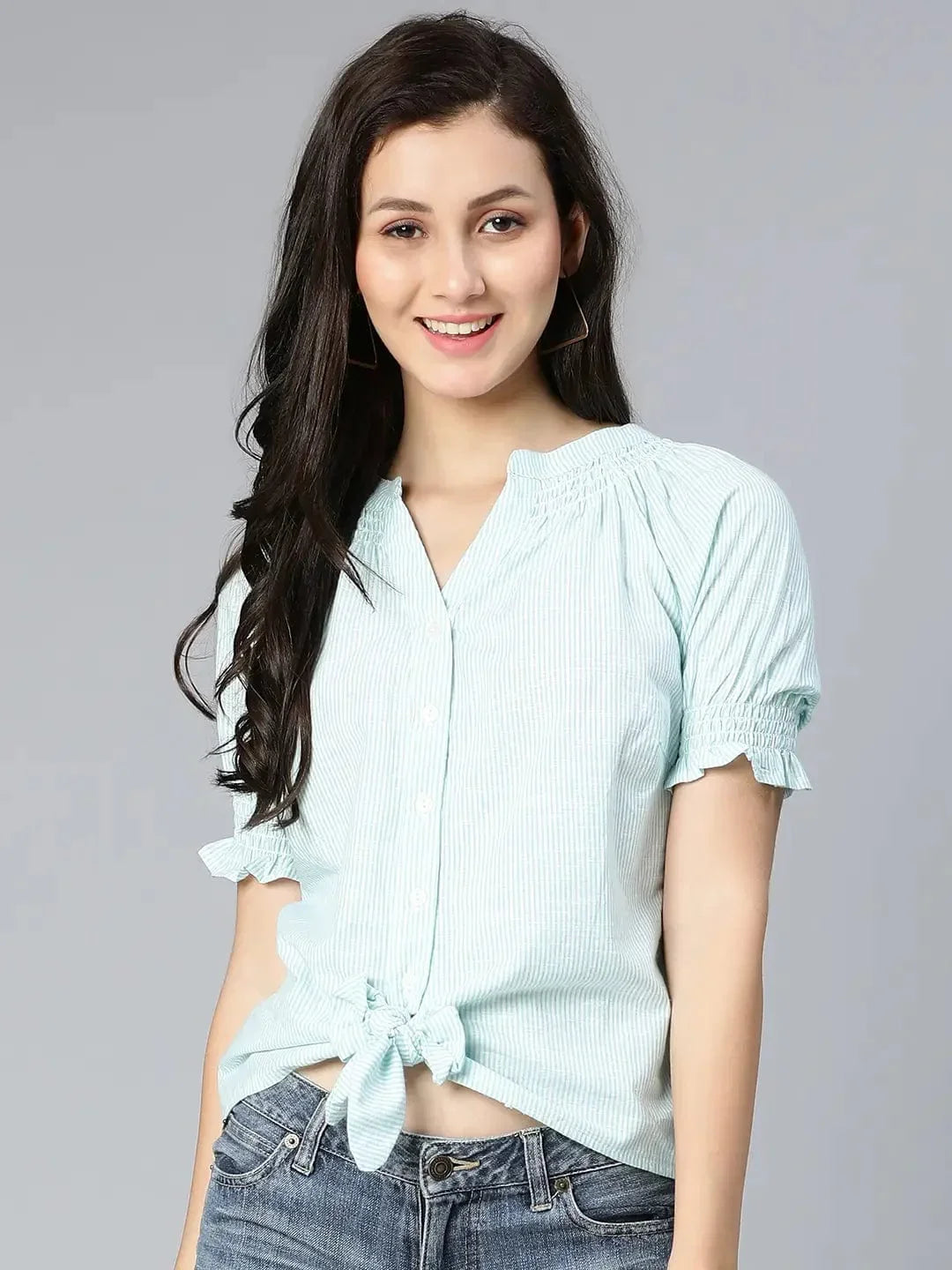 Lime Green Stripe Printed Tie-Knotted Women Top - oxolloxo