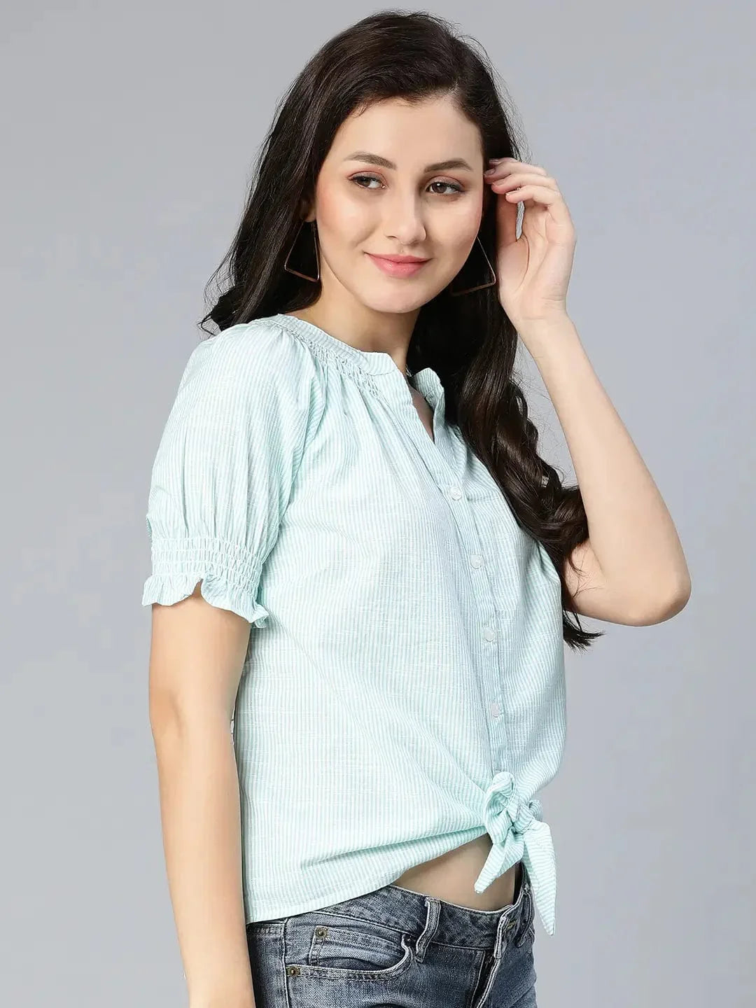 Lime Green Stripe Printed Tie-Knotted Women Top - oxolloxo