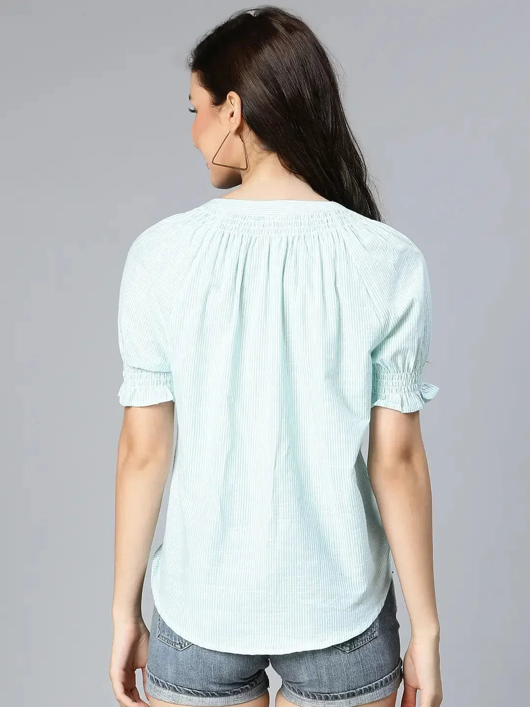 Lime Green Stripe Printed Tie-Knotted Women Top - oxolloxo
