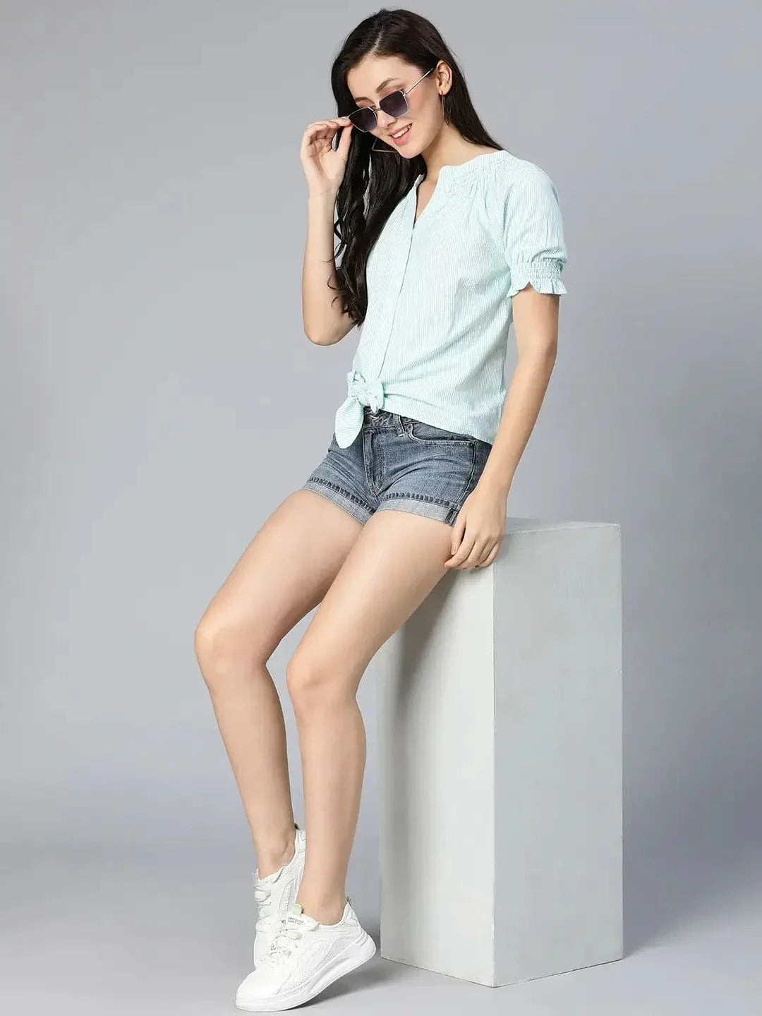 Lime Green Stripe Printed Tie-Knotted Women Top - oxolloxo