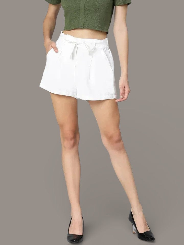 Stealed White Linen Blend Women Shorts For Hot Summer