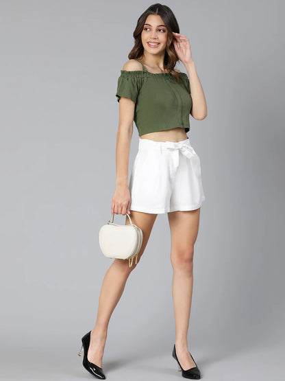 Stealed White Linen Blend Women Shorts For Hot Summer