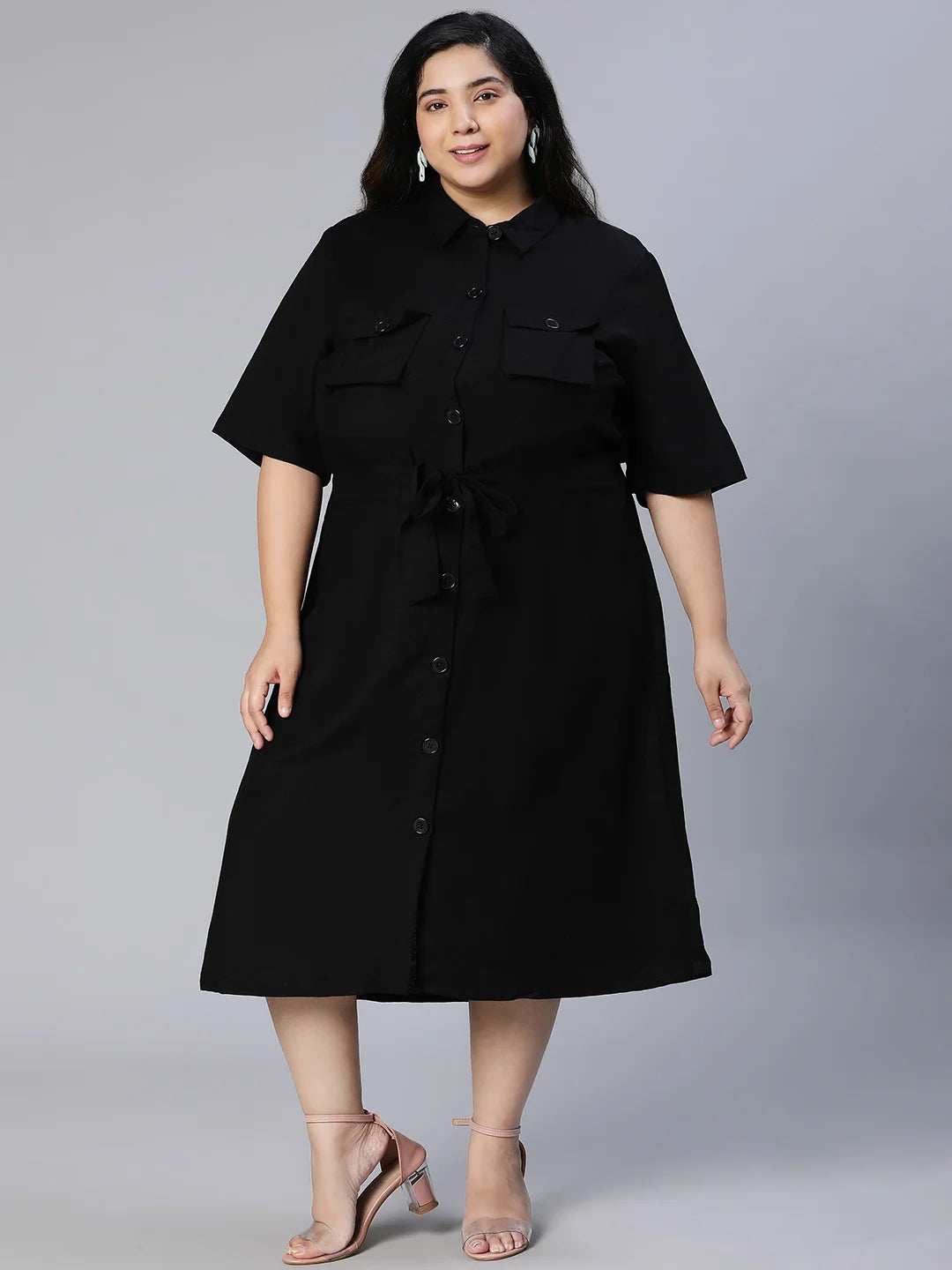 Candid Black Button-Down Plus Size Linen Blend Dress Now