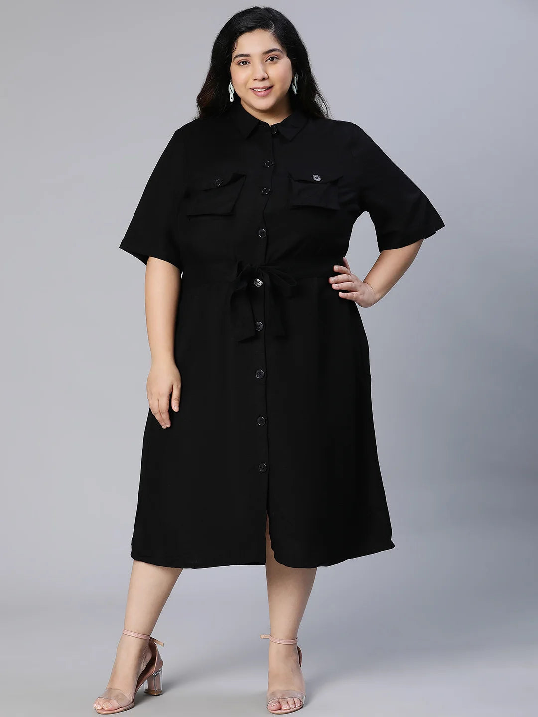 Candid Black Button-Down Plus Size Linen Blend Dress Now