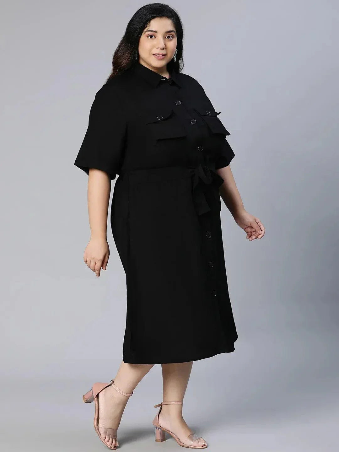 Candid Black Button-Down Plus Size Linen Blend Plus Size Curvy Dress Now