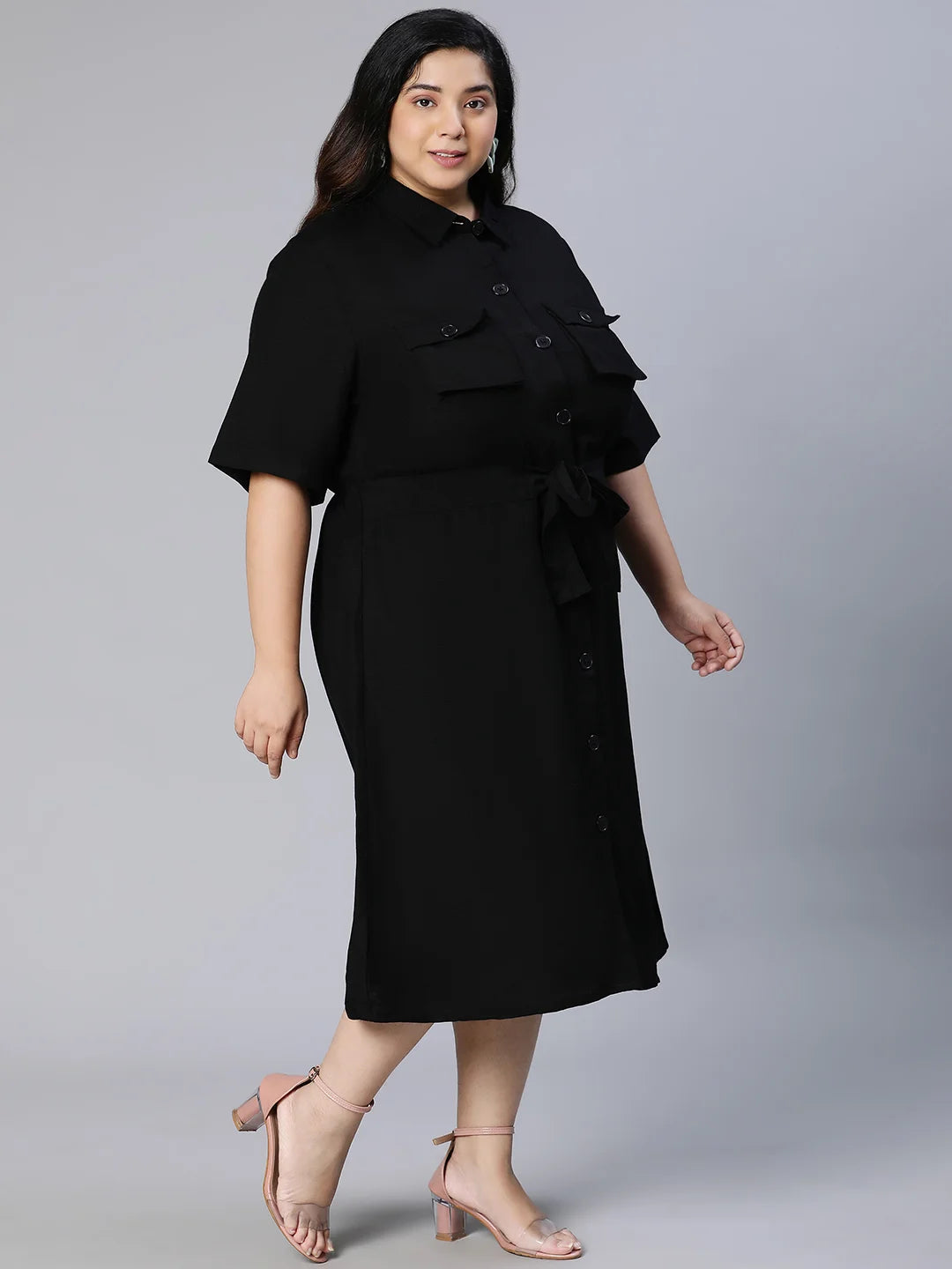 Candid Black Button-Down Plus Size Linen Blend Dress Now