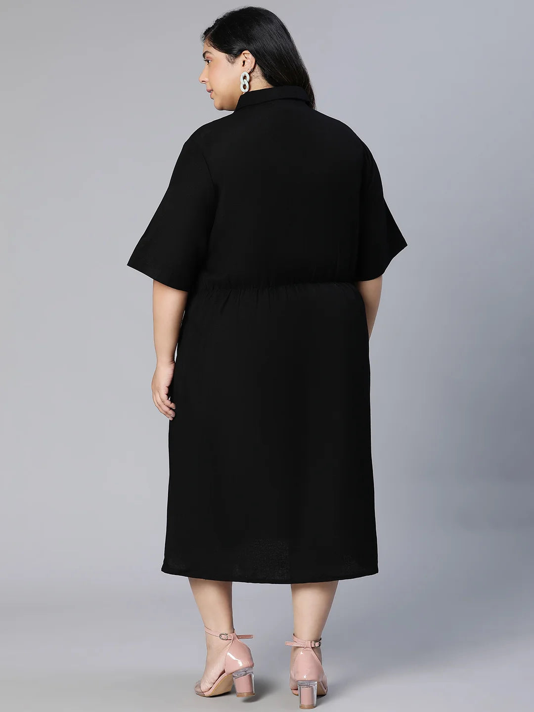 Candid Black Button-Down Plus Size Linen Blend Dress Now