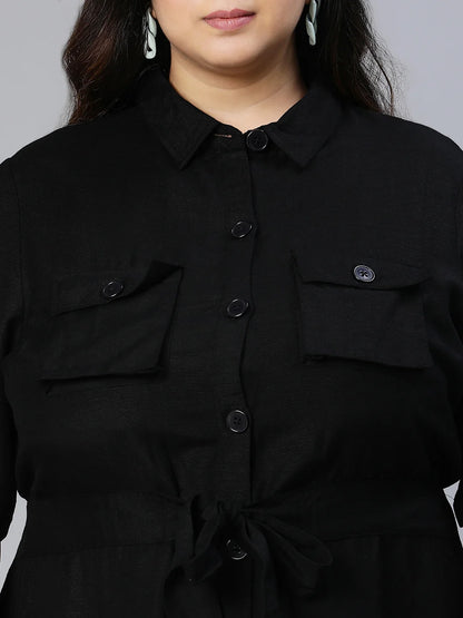 Candid Black Button-Down Plus Size Linen Blend Dress Now