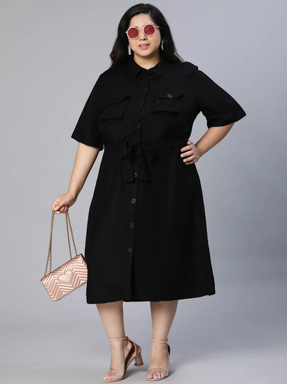 Candid Black Button-Down Plus Size Linen Blend Dress Now