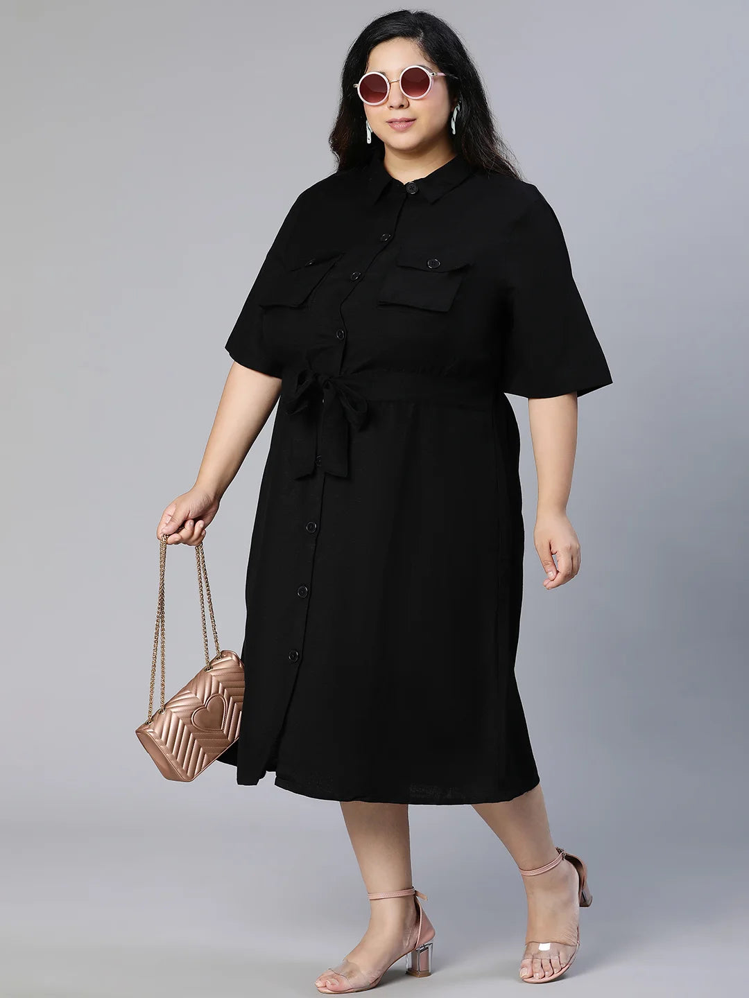 Candid Black Button-Down Plus Size Linen Blend Dress Now