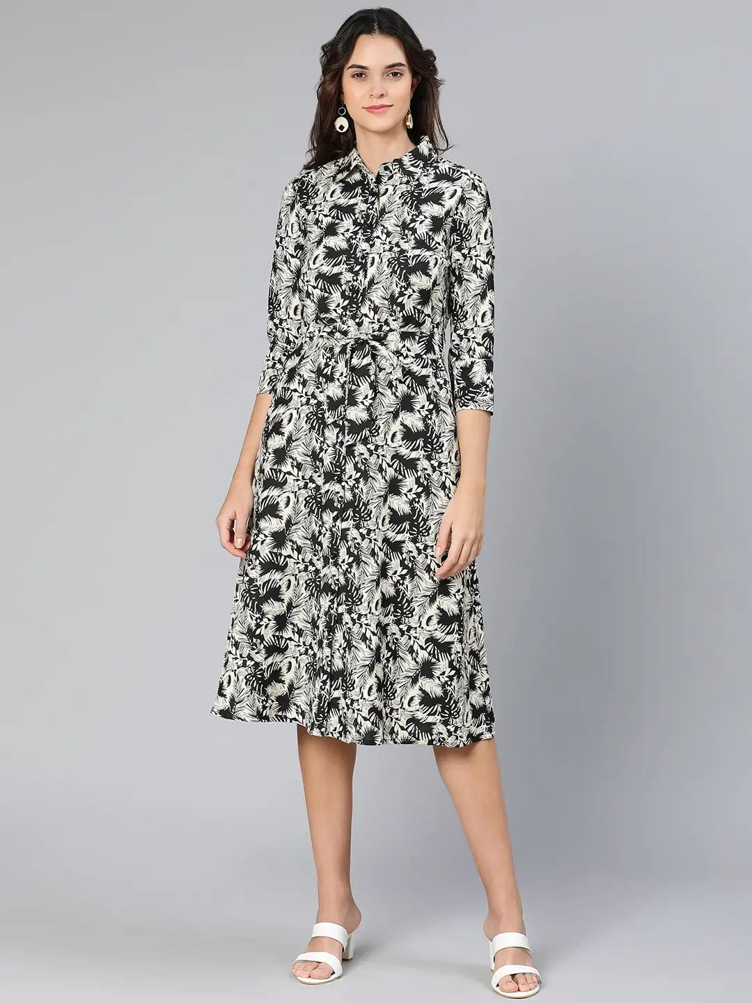 Glassed Black Floral Print Button-Dowm Women Dress