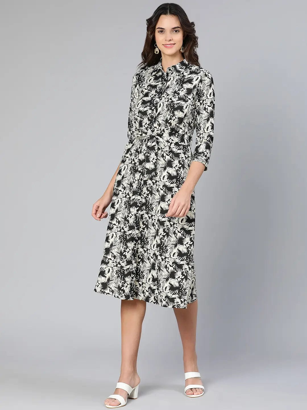 Glassed Black Floral Print Button-Dowm Women Dress