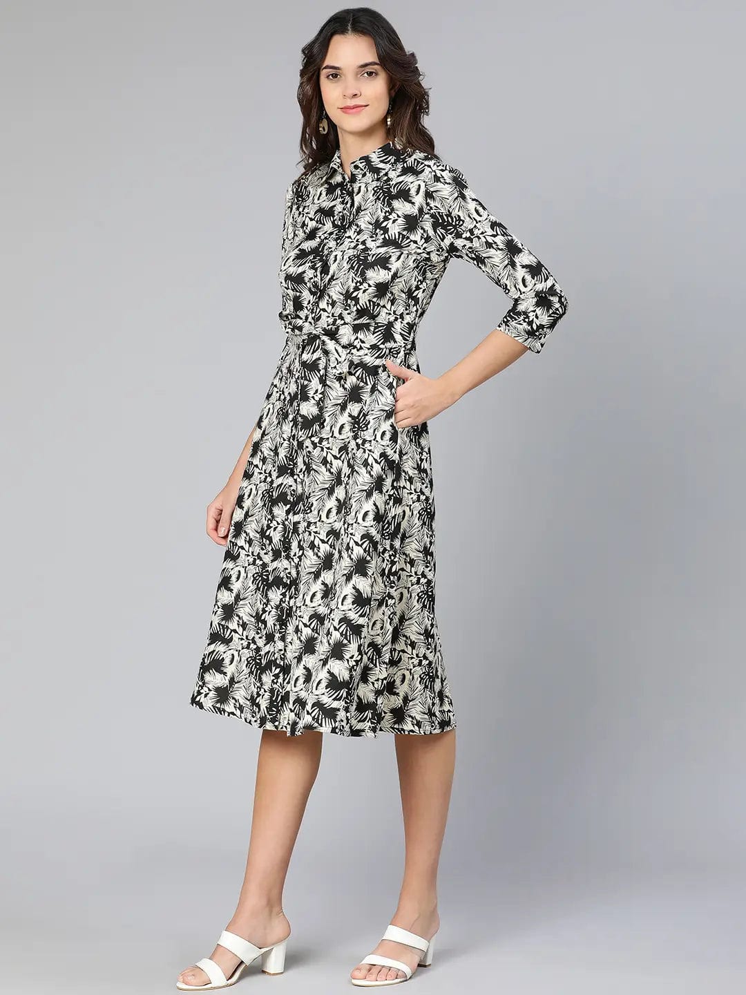 Glassed Black Floral Print Button-Dowm Women Dress