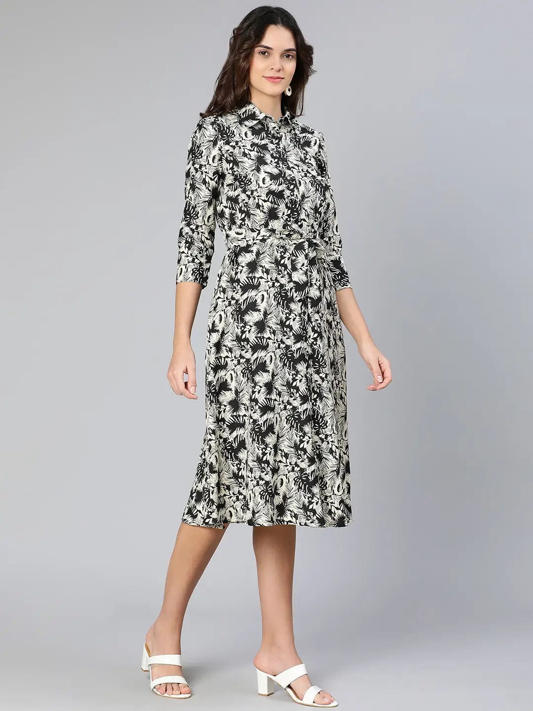 Glassed Black Floral Print Button-Dowm Women Dress