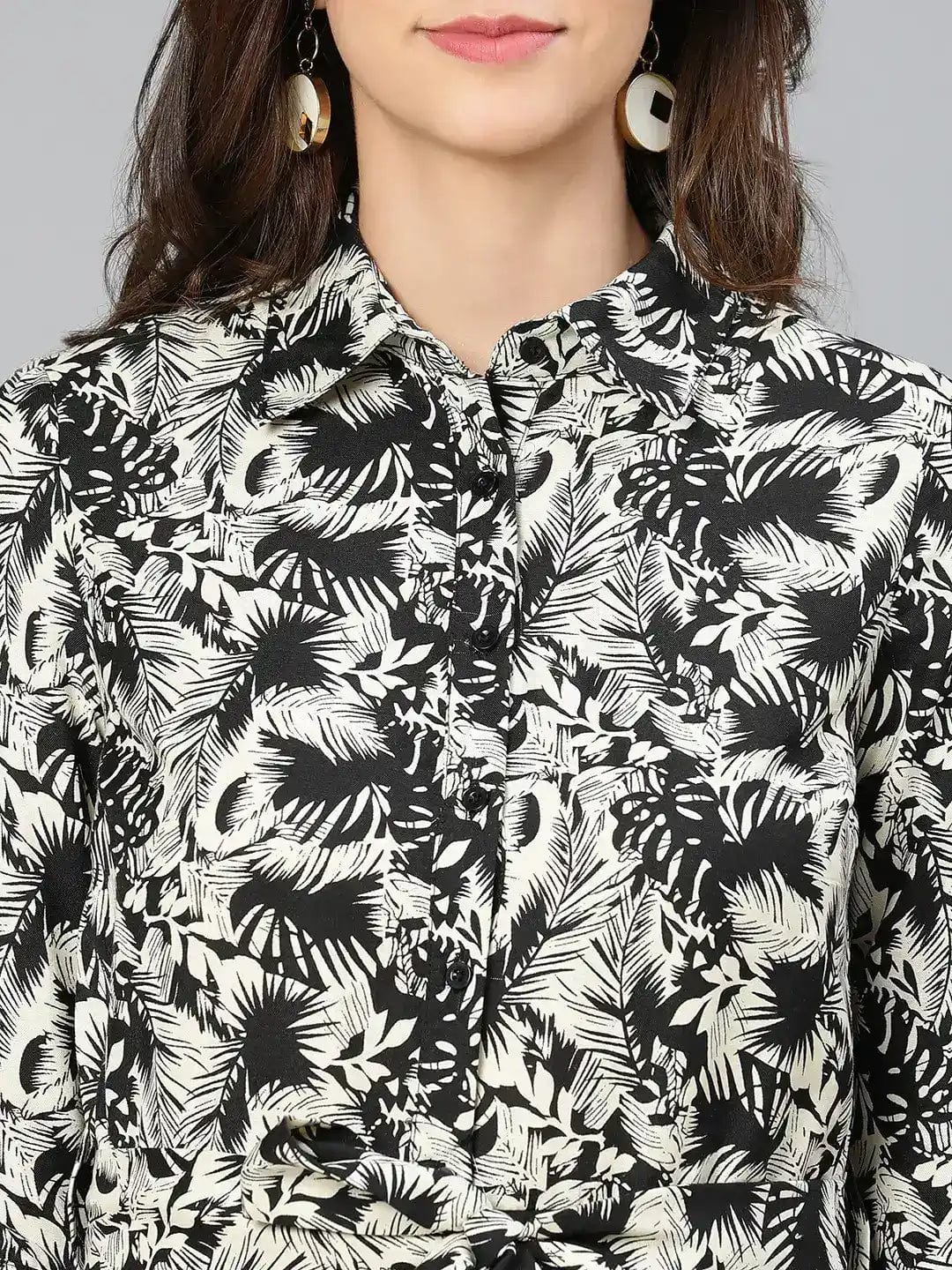 Glassed Black Floral Print Button-Dowm Women Dress