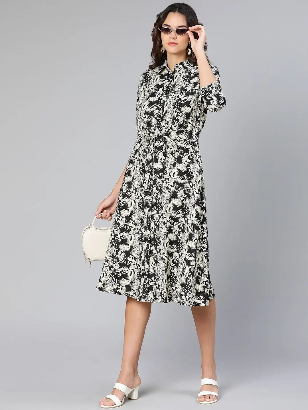 Glassed Black Floral Print Button-Dowm Women Dress