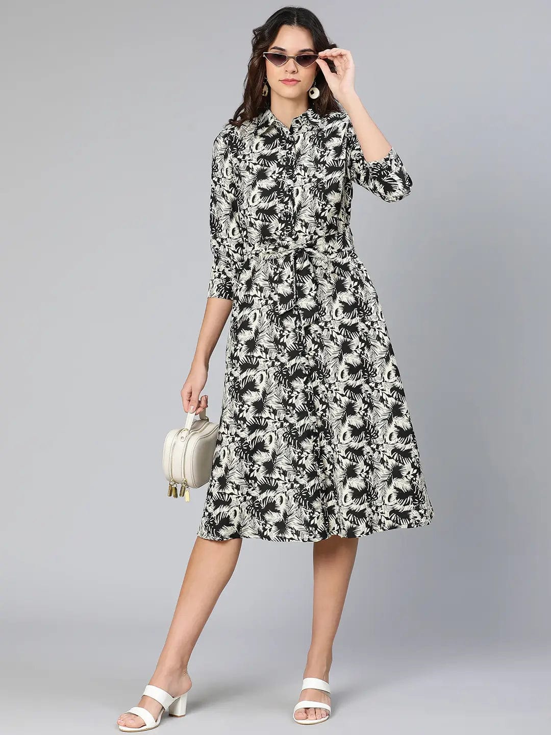 Glassed Black Floral Print Button-Dowm Women Dress