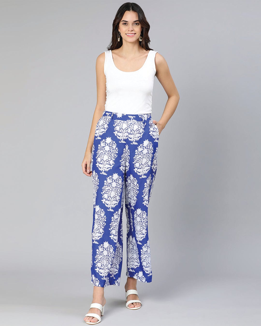 Booming Blue Tropicalm Print Elasticated Women Pant