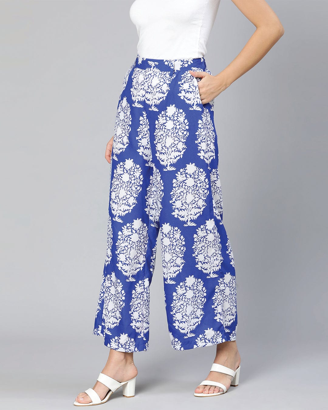 Booming Blue Tropicalm Print Elasticated Women Pant