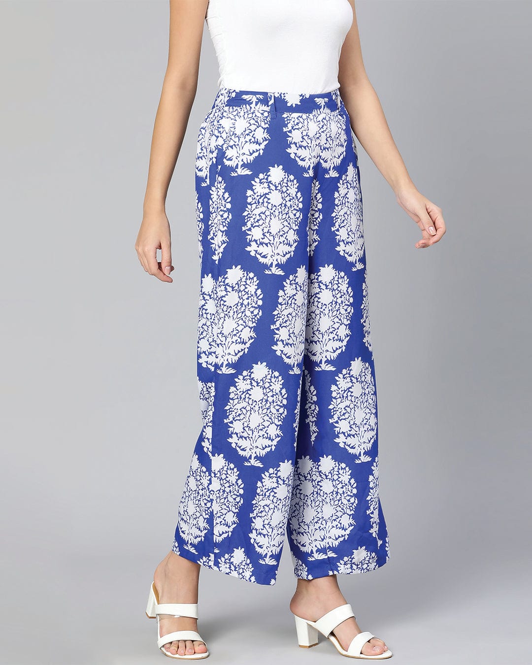 Booming Blue Tropicalm Print Elasticated Women Pant