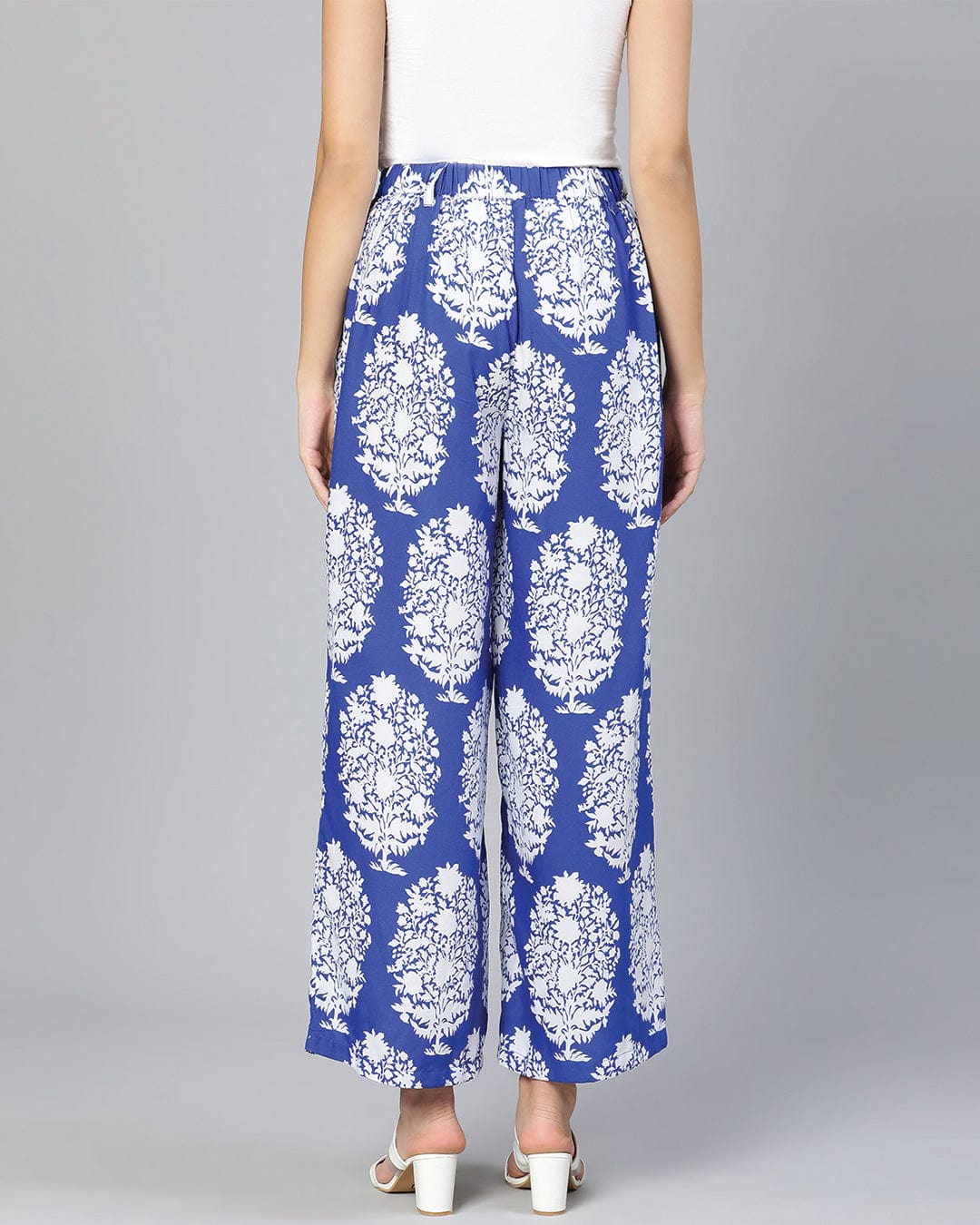 Booming Blue Tropicalm Print Elasticated Women Pant