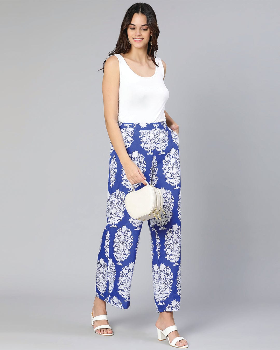 Booming Blue Tropicalm Print Elasticated Women Pant