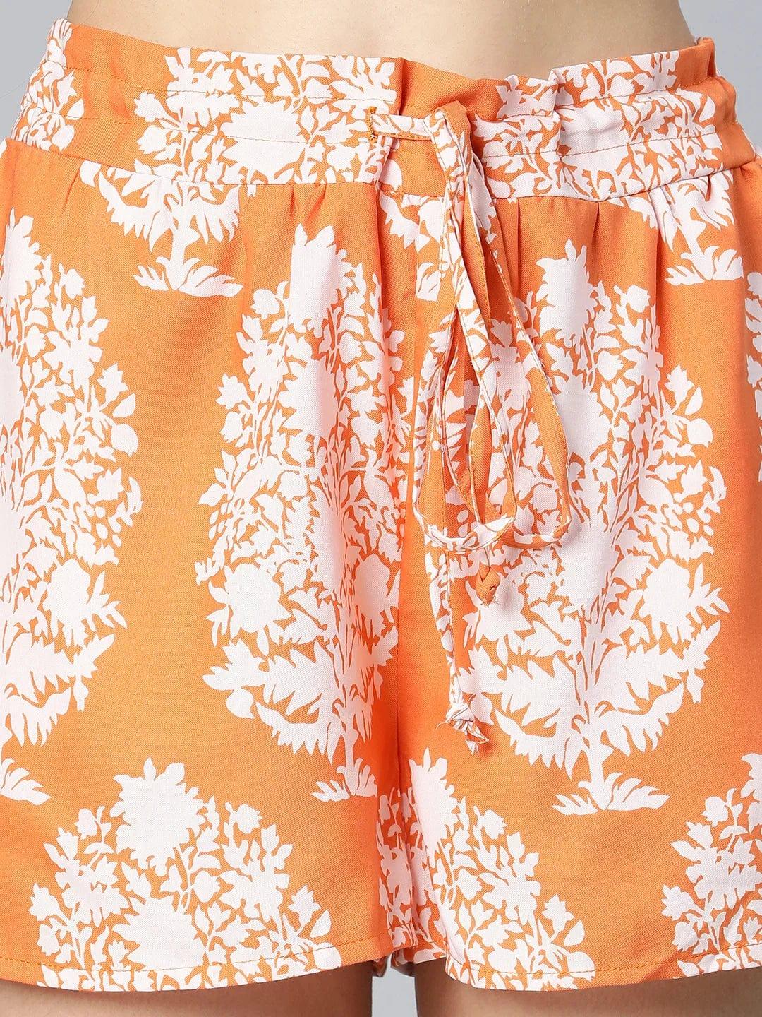 Sunny Orange Tropical Printed Elasticated Women Shorts For Summer