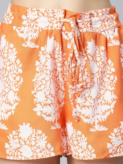 Sunny Orange Tropical Printed Elasticated Women Shorts For Summer