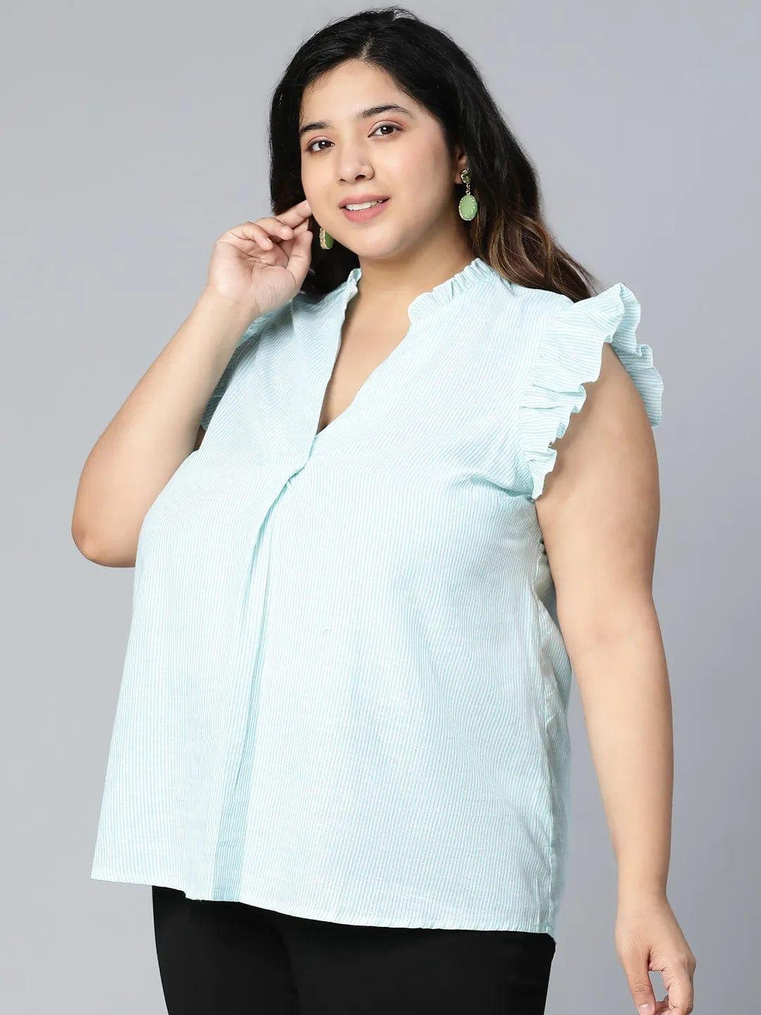 Earthy Green Color Stripe Printed Ruffled Plus Size Women Top