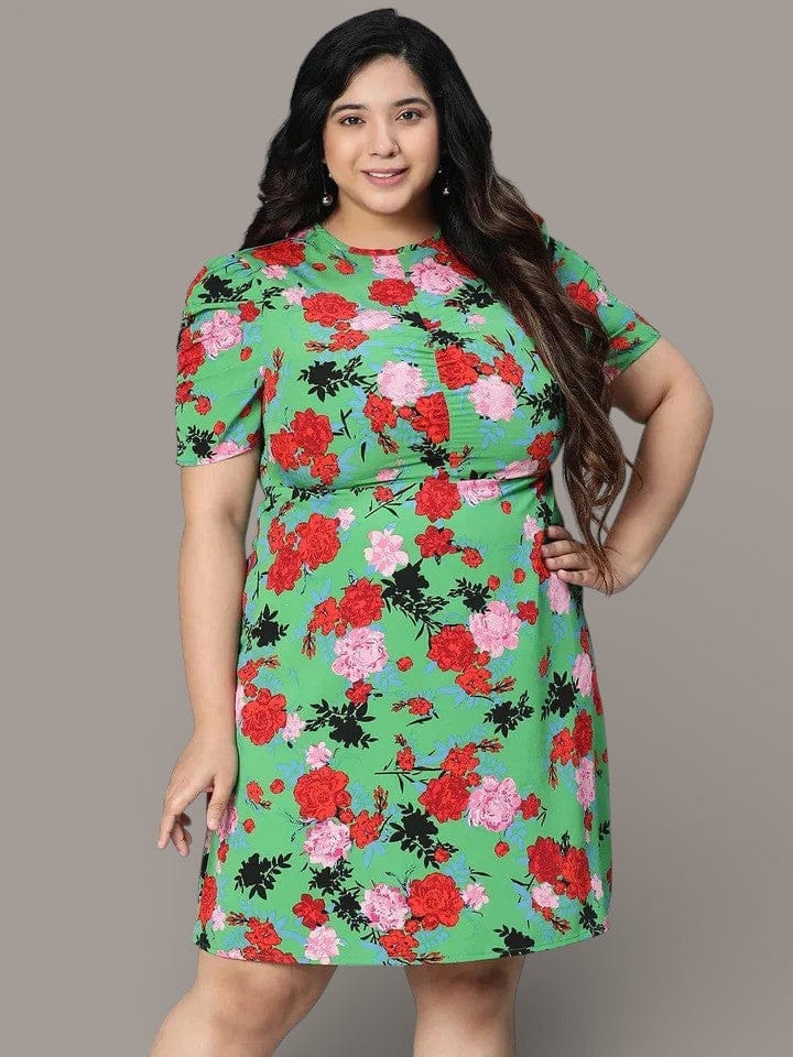 Fantastic Green Color Floral Printed Plus Size Curvy Women Dress