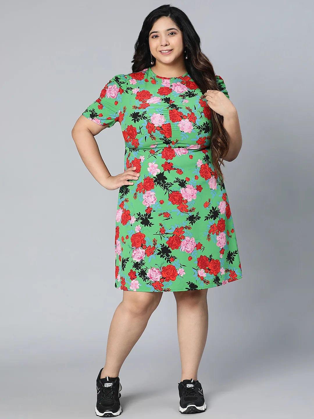 Fantastic Green Color Floral Printed Plus Size Curvy Women Dress