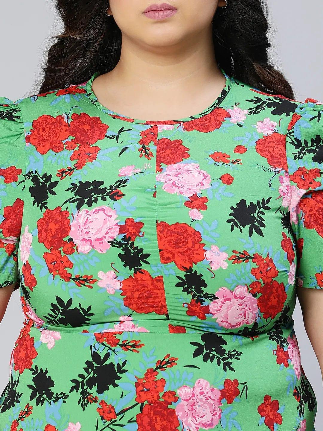 Fantastic Green Color Floral Printed Plus Size Curvy Women Dress