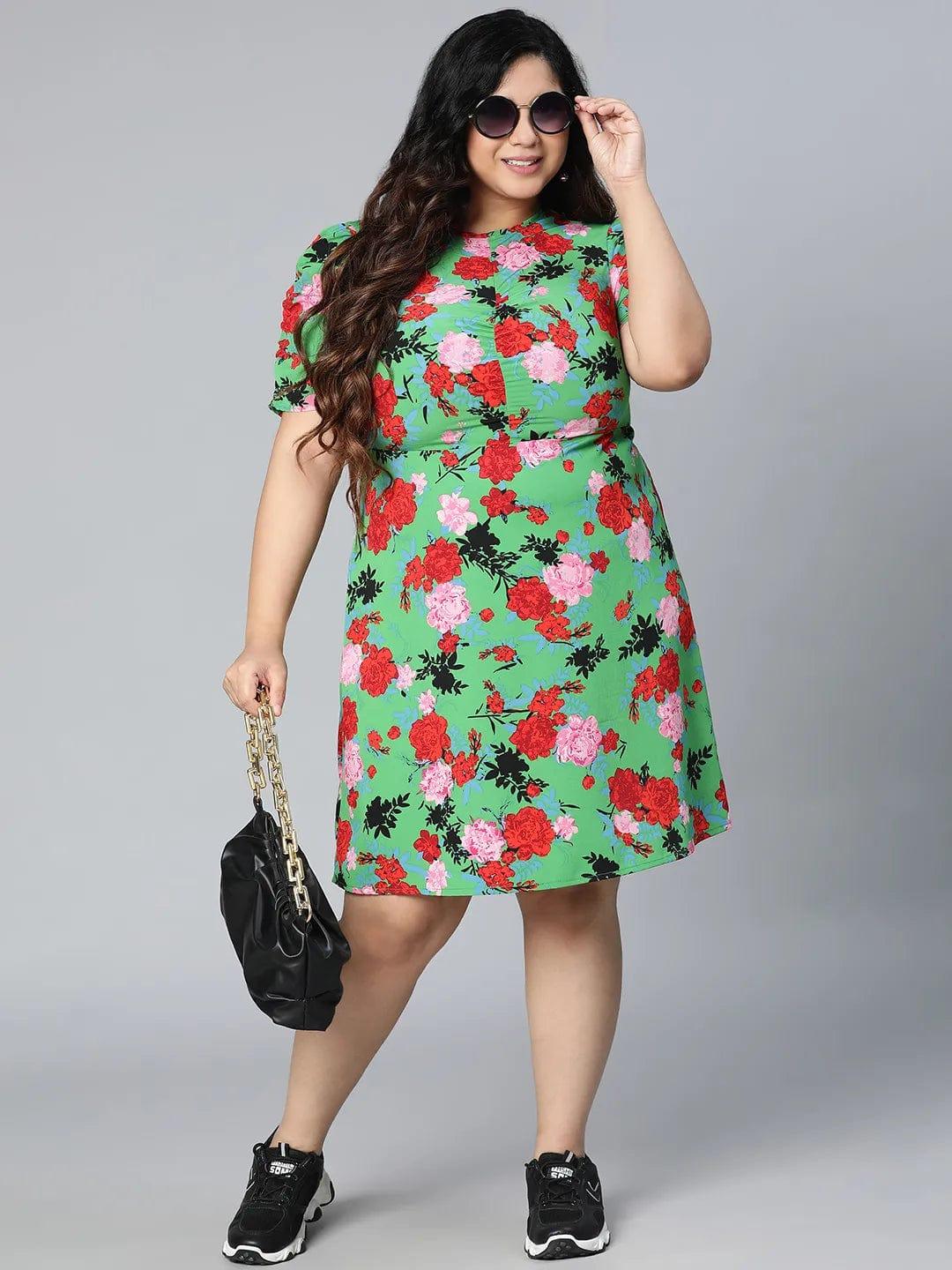 Fantastic Green Color Floral Printed Plus Size Curvy Women Dress