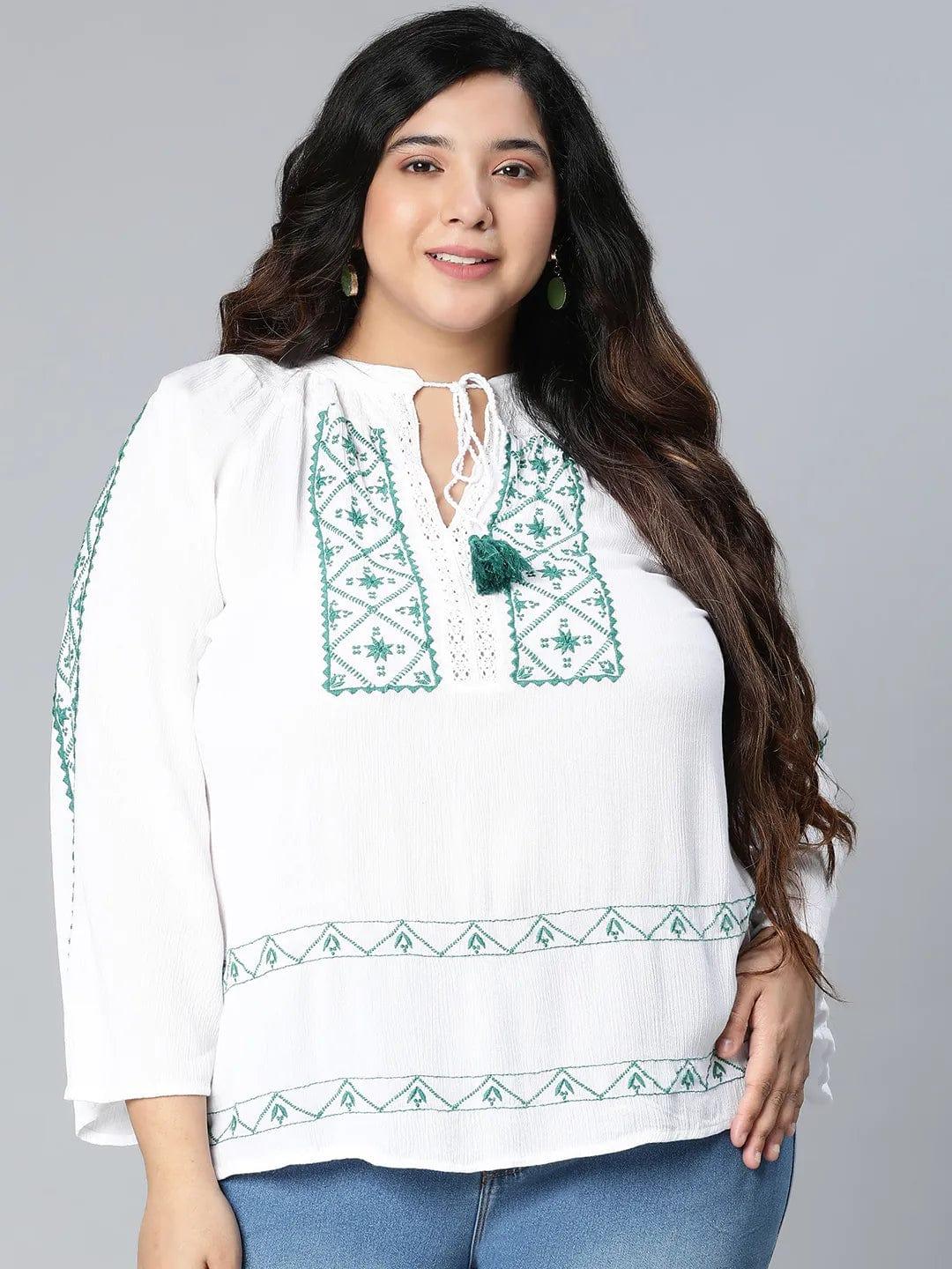 Zazzed White Embroidered Plus Size Women Top