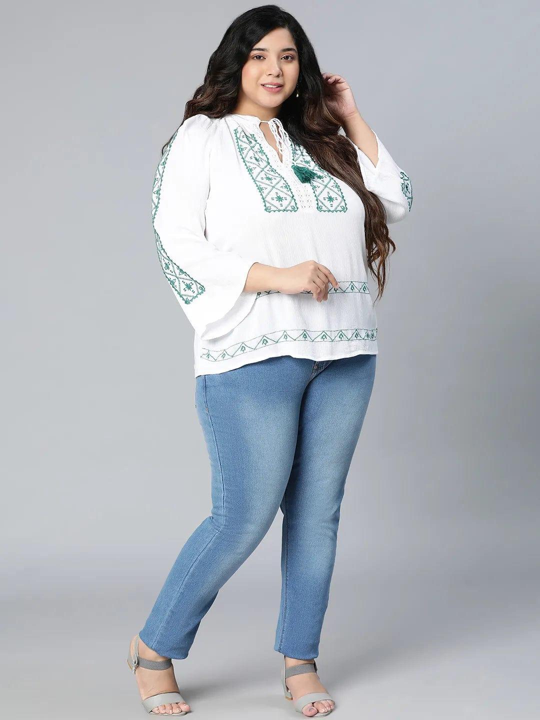 Zazzed White Embroidered Plus Size Women Top